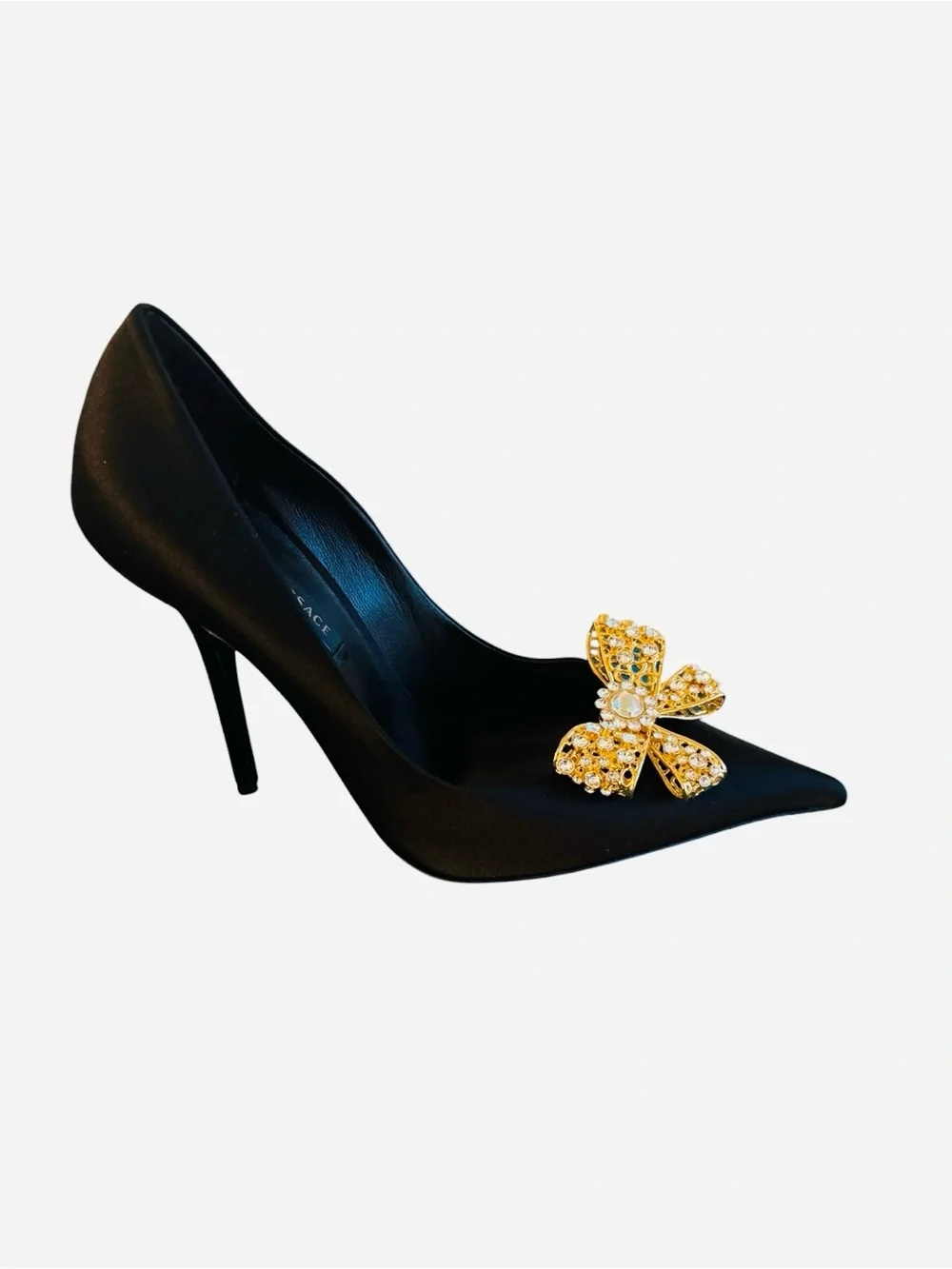Versace Black Satin Pumps With Embellished Gold & Crystal Bow Sz EU40/US10 (New)
